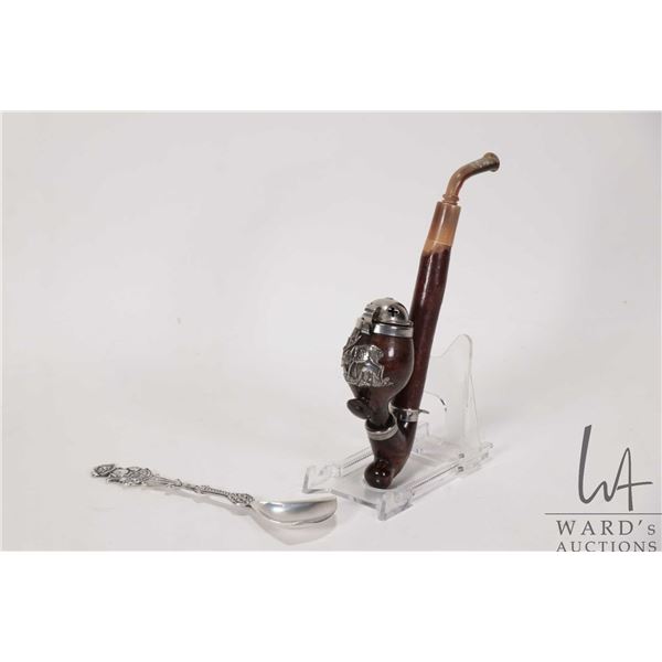 Vintage carved wooden Tyrolean smoking pipe with silver elk emblem and metal wind cover plus a Klond