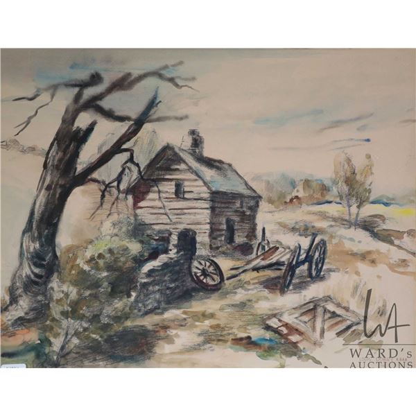 Louis Dobry RHAA, pastel watercolour and charcoal painting of an farm shed, dated '56, 13 3/4" X 17 