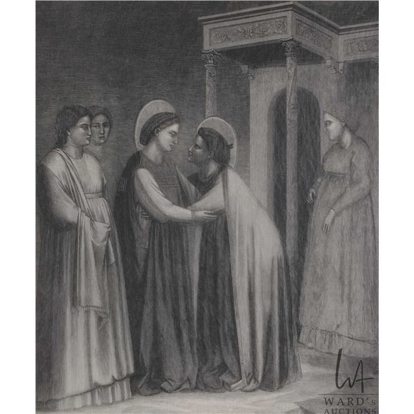 Timothy Cole framed etched print " The Visitation of Mary to Elizabeth" based on a fresco by Giotto,