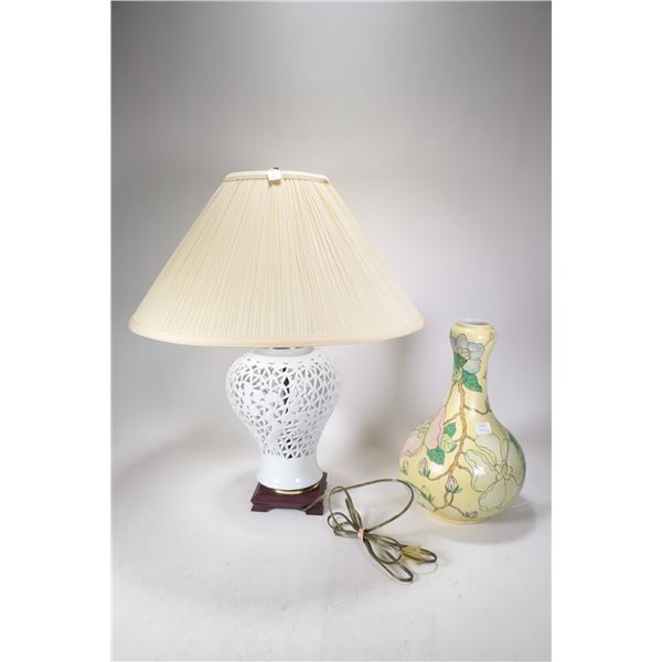 Vintage Chinese Blanc de Chine reticulated table lamp with shade and a hand painted Chinese gourd va