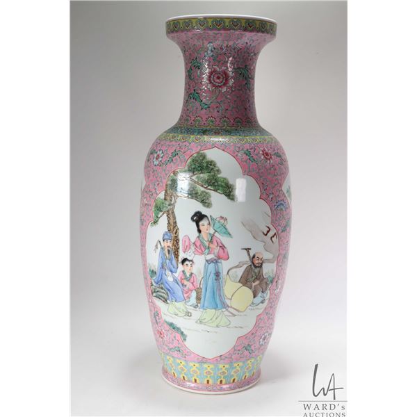 Vintage Chinese Famille rose hand painted floor vase with Geisha and Scholar cameos, 24" in height