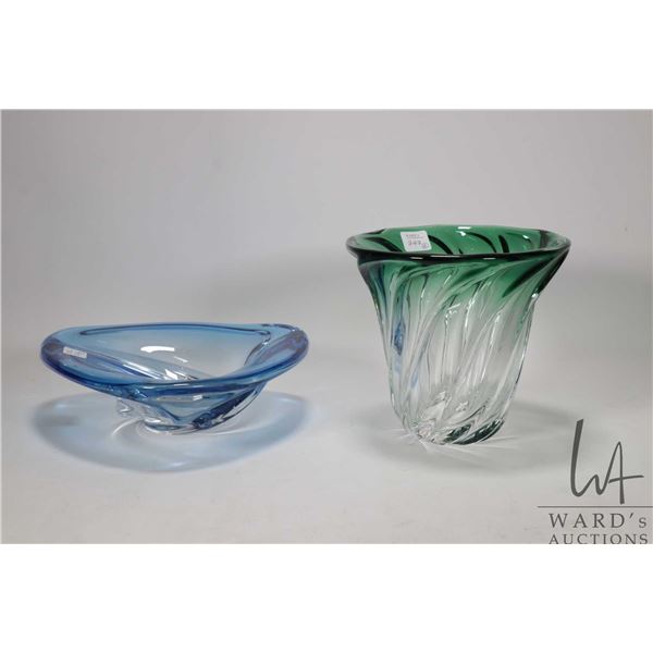 Two vintage signed Val St. Lambert crystal pieces including cobalt blue over clear 9" in diameter an