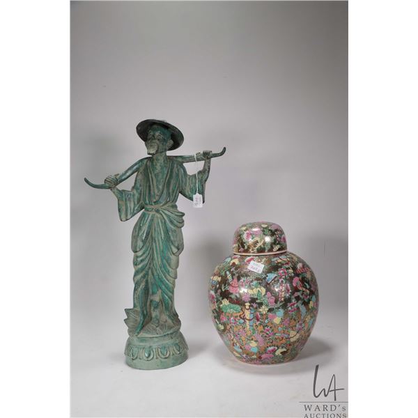 Cast bronze/ bronze like Chinese water carrier garden figure 18 1/2" in height and a hand painted fa