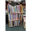 Image 1 : Folding three tier blonde wooden bookcase with a large selection of cookery books and some needlecra