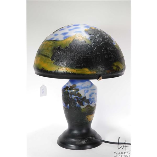 Galle style cameo glass lamp with mountain and tree base and water millhouse motif shade