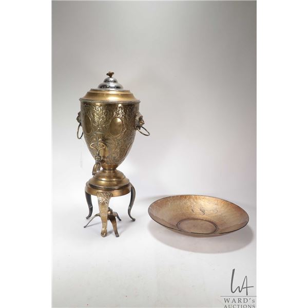 Large vintage brass samovar with repouse decorations and lions head handles, missing original top, 2