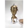 Image 2 : Large vintage brass samovar with repouse decorations and lions head handles, missing original top, 2