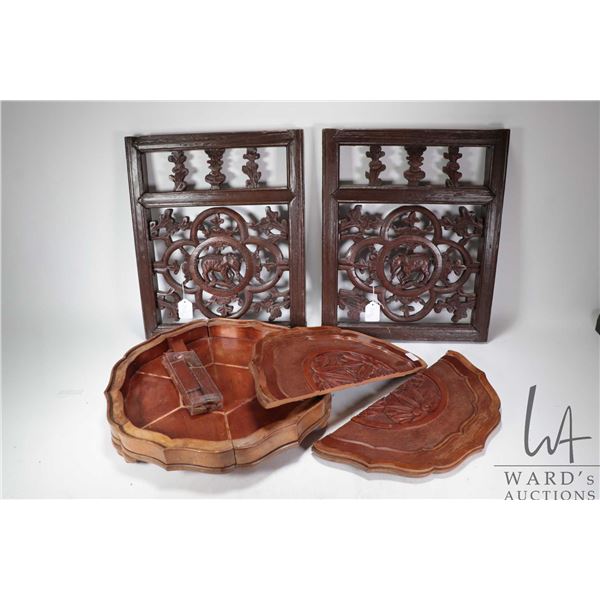 Two Thai openwork carved elephant panels, each 17 3/4" X 15" and a decorative carved divided box wit