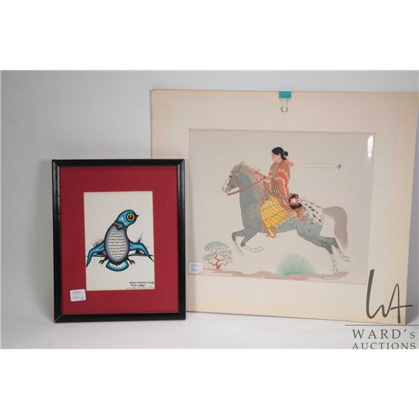 Wally Kakepetum, untitled bird 7 3/4" X 4 3/4" and Harrison Begay unframed serigraph of a Inuit ride