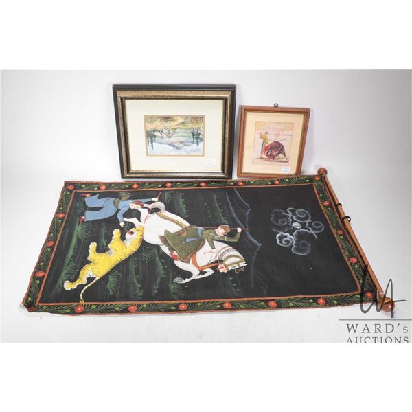 Three pieces of original artwork including Joaquin Eleazar watercolour on board painting of a bullfi