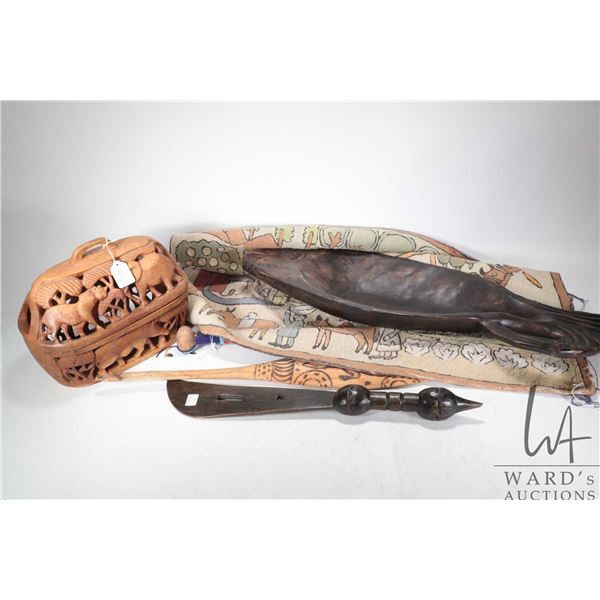 Selection of collectible including Asian chain stitch wool carpet 23" X 33" plus a selection of tree