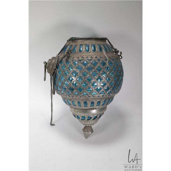 Vintage Moroccan glass and metal hanging lantern