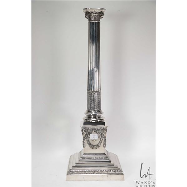 Antique silverplate Corinthian column table lamp base 22"