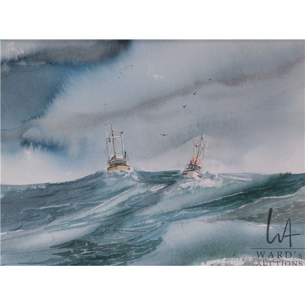 Yvonne Maximchuk, framed original watercolour painting of fishing boats on a rough sea, 10" X 13 1/2