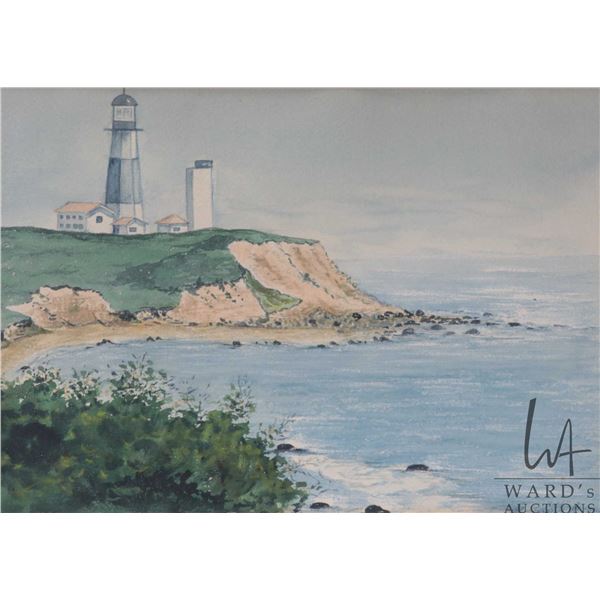 Butch Ingram, original watercolour painting of a lighthouse on a raggedy shore, 10" X 14"