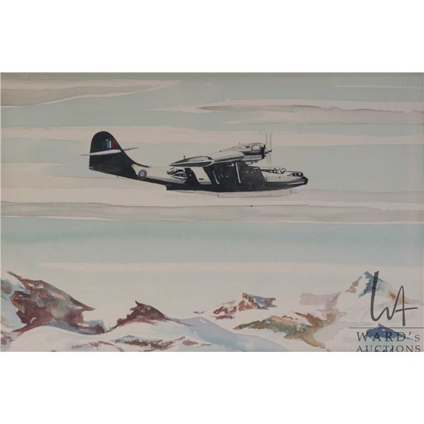 Tracy, framed original watercolour painting of a French plane flying over a mountain range, 7 3/4" X