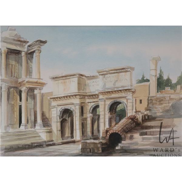 Henry Heine, SCMA, RSMA framed original watercolour painting of the library at Ephesus, Turkey, 10 1