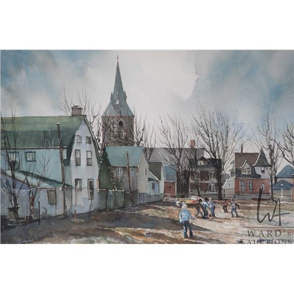 John Akkerman, framed original watercolour painting, titled on verso " Soccer Match, Welland Near St