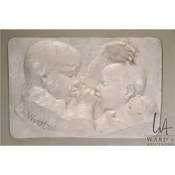 Lea Vivot, framed sculpture in bas relief, possibly titled "Tenderness of Youth", overall dimensions
