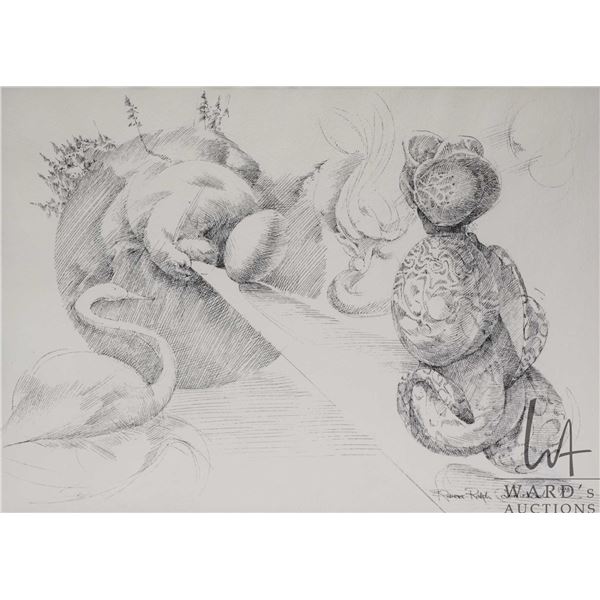 Robert Ralph Carmichael, framed ink on paper drawing snake and goose, 10 3/4" 14 1/2"
