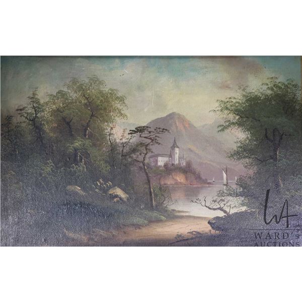 Framed antique oil on canvas painting of a castle as viewed from a lake, no artist signature seen, 2