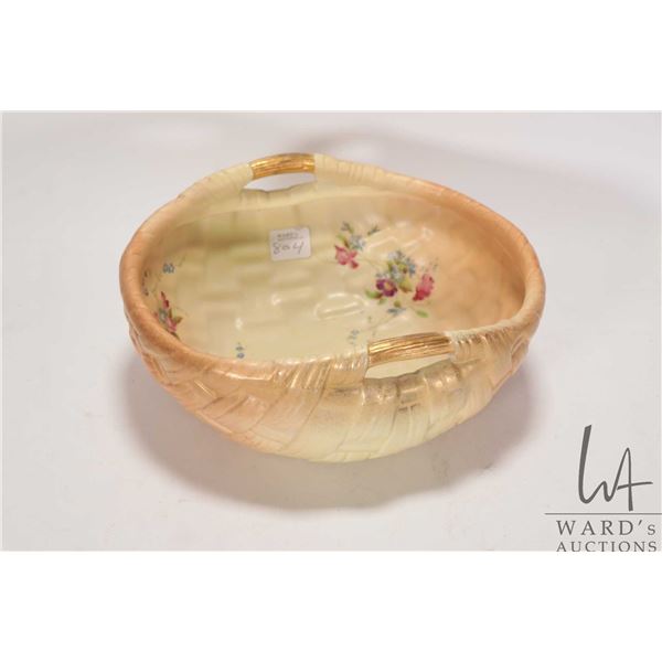 Antique Royal Worcester blush ivory basket with hand painted florals, mold no. 441, 4" in height, ci