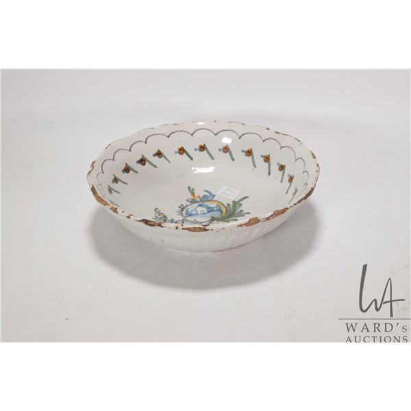 Antique 17th - 18 century hand painted possibly French faience, tin glazed bowl, 10" in diameter