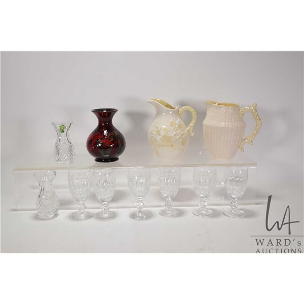 Tray lot of vintage collectible including two Belleek pitchers, six matching Waterford crystal sherr