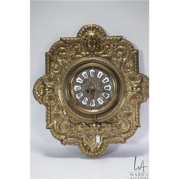 Antique French Eugene Farcot Renaissance revival repousse brass wall clock with enameled Roman numer