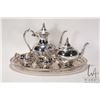 Image 1 : Silver plate tea service including tea and coffee pots, lidded cream and sugar and a decorative scro