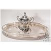 Image 1 : Silver plate lidded sugar bowl with twelve teaspoons and a silver plate oval serving tray with scrol
