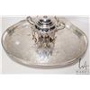 Image 2 : Silver plate lidded sugar bowl with twelve teaspoons and a silver plate oval serving tray with scrol