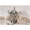 Image 3 : Silver plate lidded sugar bowl with twelve teaspoons and a silver plate oval serving tray with scrol
