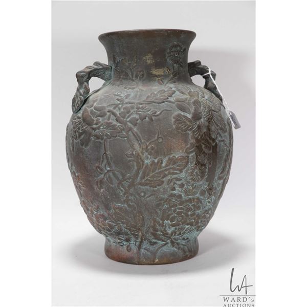 Vintage Asian bronze floral motif double handled vase, 12" in height