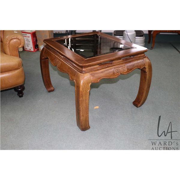 Modern Oriental style glass top occasional table, 21" H X 26" X 30"