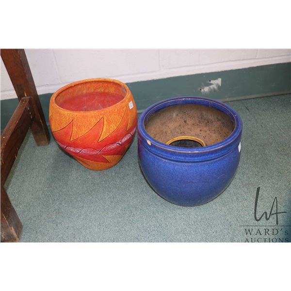 Three jardinieres including 9" high blue glazed