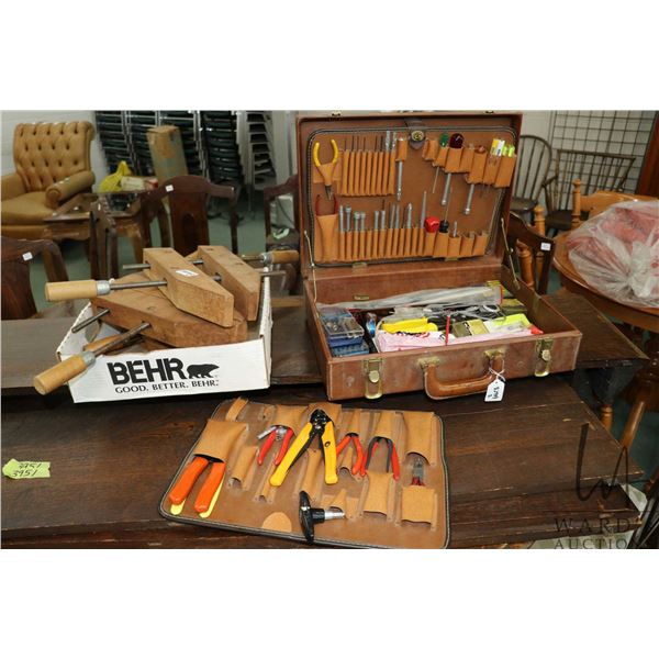 Technician's service call tool brief case with tools and four cabinet maker's clamps including two J