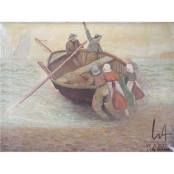 A. Ponkora, antique oil on canvas painting featuring fishing launching a small boat, 18" X 23"