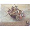 Image 1 : A. Ponkora, antique oil on canvas painting featuring fishing launching a small boat, 18" X 23"