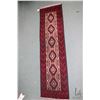 Image 1 : Wool carpet runner with red background, geometric design and highlights of black and taupe, 20" X 72