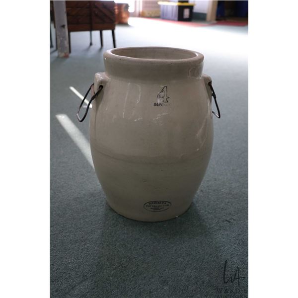 Four gallon Medalta butter churn missing lid and churn stick