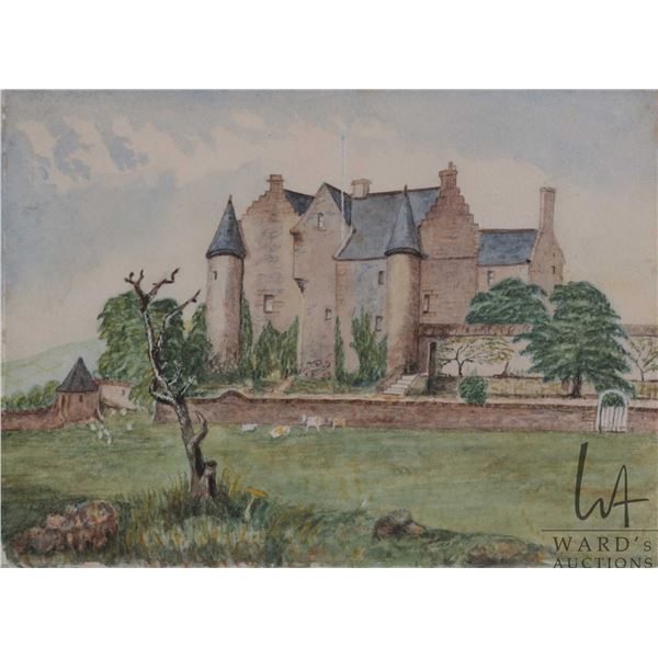 Gilt framed original watercolour painting of Crathes Castle in Aberdeenshire, Scotland, no artist si