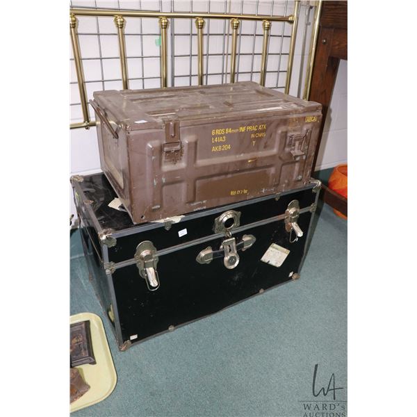 Modern steamer trunk 18" H X 30" W X 16" D and a large lidded ammo can 11" H X 24" X 16"