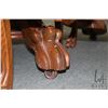 Image 2 : 48" diameter antique Canadiana quarter cut oak dining table with heavy carved paw feet and two 12" i