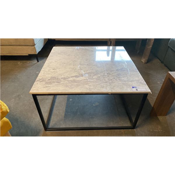 MARBLE TOP BLACK METAL BASE COFFEE TABLE APPROX 32" X 32" X 18"H