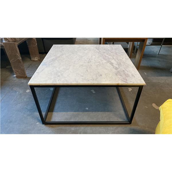 MARBLE TOP BLACK METAL BASE COFFEE TABLE APPROX 32" X 32" X 18"H