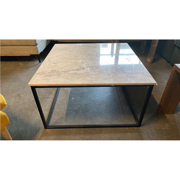 MARBLE TOP BLACK METAL BASE COFFEE TABLE APPROX 32" X 32" X 18"H