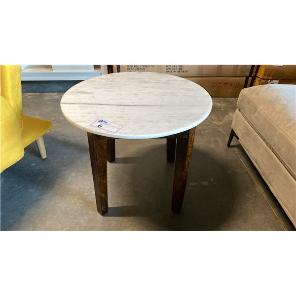 ROUND WHITE ONYX TOP SOLID WOOD BASE CONTEMPORARY SIDE TABLE