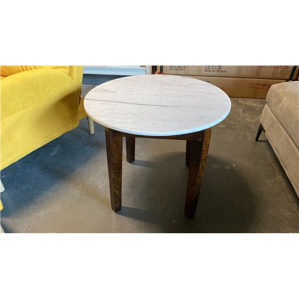 ROUND WHITE ONYX TOP SOLID WOOD BASE CONTEMPORARY SIDE TABLE