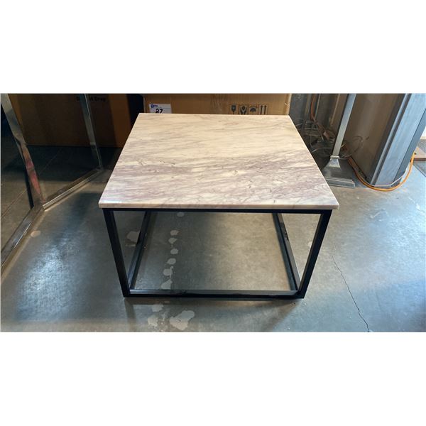 MARBLE TOP BLACK METAL BASE 24" SQUARE CONDO COFFEE TABLE